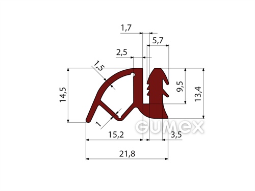 Geformtes Silikonprofil mit Loch, 14,5x21,8/1,1mm, 55°ShA, -60°C/+250°C, rotbraun, 